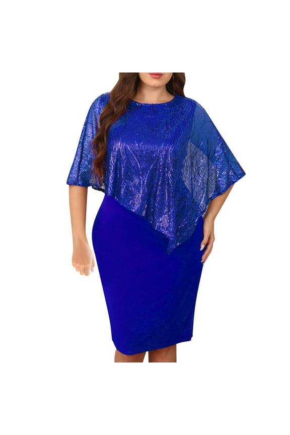 Wedding Dresses for Bride Womens Solid Color Plus Size Bead Patchwork Irregular Dress Blue 3X