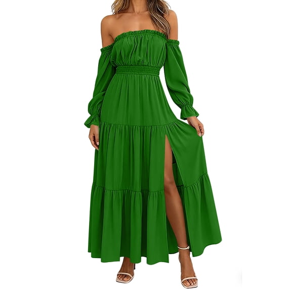 asdoklhq Wedding Guest Dresses for Women Tea Party Dresses Off The Shoulder Fashion Women Summer Long Sleeveless Off-the-Should Dresses Green 2X
