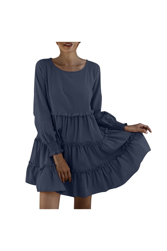 Wedding Guest Dresses for Womens Solid Color Round Neck Long Sleeved Loose Casual Dress Navy XL