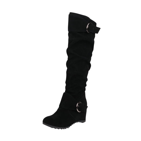 asdoklhq Wedges for Women Women Wedge Height Increase Shoes High Heel Casual Solid Color Slip-on Winter Warm Belt Buckle Knee-length Knight Boots Black 42