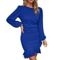 thumbnail image 1 of asdoklhq Winter Dresses for Women Women Fashion Long Sleeve V-Neck Slim- Bag Hip Plus Size Dress Blue L, 1 of 6