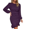 thumbnail image 1 of asdoklhq Winter Dresses for Women Women Fashion Long Sleeve V-Neck Slim- Bag Hip Plus Size Dress Purple 2X, 1 of 7
