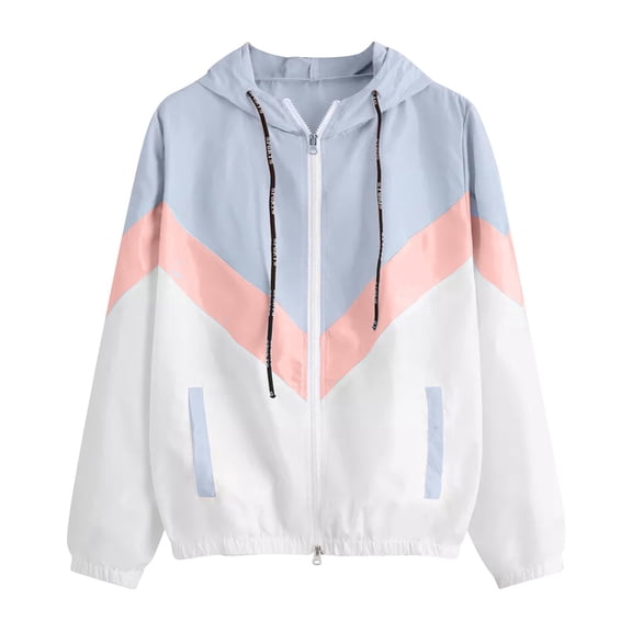 asdoklhq Winter Jackets for Women, Sales Today Prime Fashion Women Long-sleeved Pocket Color-block Elastic Waist Hooded Jacket,Light Blue L
