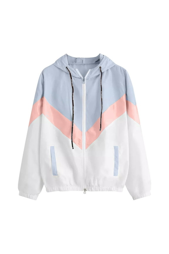 Winter Jackets for Women, Sales Today Prime Fashion Women Long-sleeved Pocket Color-block Elastic Waist Hooded Jacket,Light Blue L