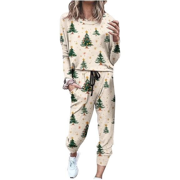 asdoklhq Winter Pajamas for Women Classic Print Long Sleeve Sport Pullover and Pants Set Multicolor L