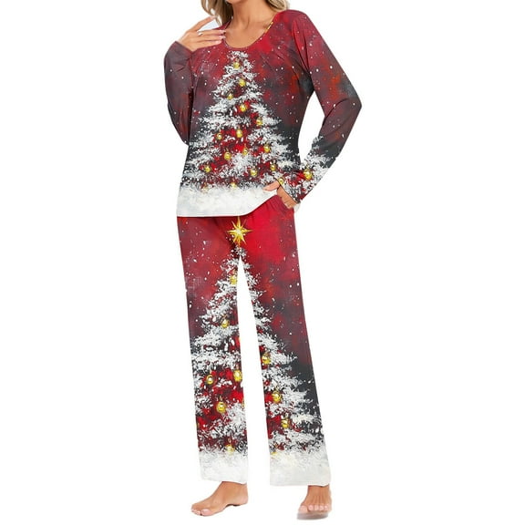 asdoklhq Winter Pajamas for Women Ladies' Christmas Printed Round Neck Pocket Top Pants Home Clothes Pajamas Set Red XL
