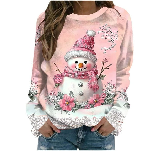 asdoklhq Winter Sweaters for Women Christmas Fashion Casual Print Round Neck Loose Long Capless Sweatshirt Sleeve Pink 2X