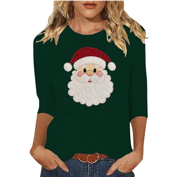asdoklhq Winter Tops for Women Christmas Ladies' Christmas Round Neck 3/4 Sleeve T-shirt Shirt Green S