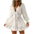 thumbnail image 1 of asdoklhq Woman Clothes Clearance,Women's Autumn and Winter V-Neck Long Sleeve Ruffle Lace Solid Dresses, 1 of 9