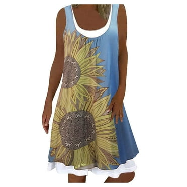 asdoklhq Woman Plus Size Clearance Dresses,Summer Dress Floral Print Sleeveless Tank Dress Flowy Dresses