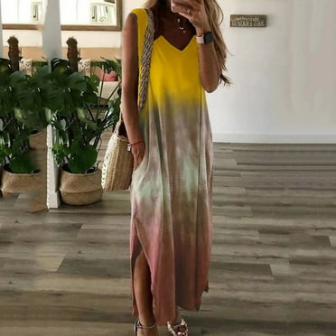 asdoklhq Woman Plus Size Clearance Dresses,Tie-dye Print Sleeveless Dress V-neck Pocket Long Dress