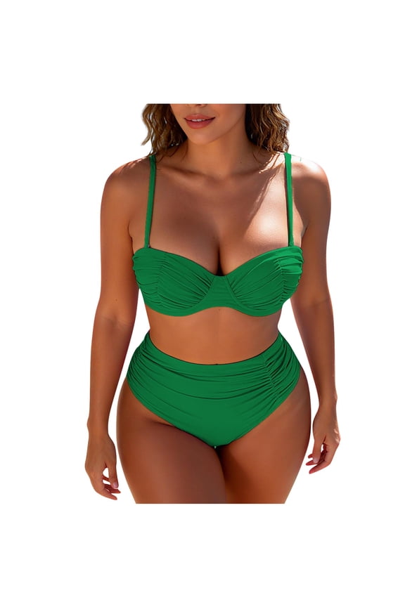 Women Bathing Suits Thong Bikini Sets Women Solid Color Suspender Swimsuit Swimming Trunks Two-piece Bikini Split Swimsuit Suit Green 2X