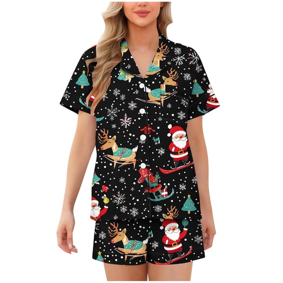 asdoklhq Women Christmas Pajamas Woman Casual Turndown Button Print Short Sleeve Blouse and Short Pants Set Multicolor 2X