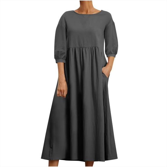 asdoklhq Women Dresses Women's Fashion Summer Loose Long Sleeve Round Neck Solid Color Ankle-length Dress Gray XL
