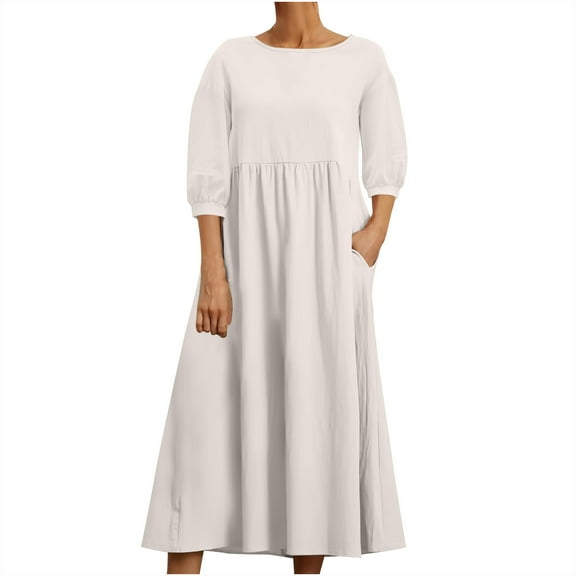 asdoklhq Women Dresses Women's Fashion Summer Loose Long Sleeve Round Neck Solid Color Ankle-length Dress White 2X