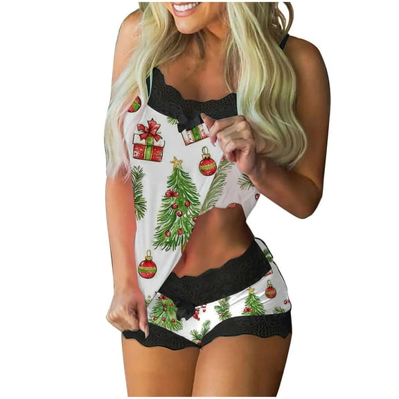 asdoklhq Women Pajamas Womens Holiday Lace Sling Sleeveless Tank Splicing Shorts Casual Pajamas Set Green S