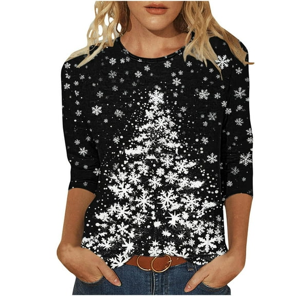 asdoklhq Women Sweatshirt Ladies' Christmas Printed Round Neck Three Quarter Sleeve 3/4 Sleeve T-shirt Loose Top Long Sleeved Round Neck Top/shirt White 4X