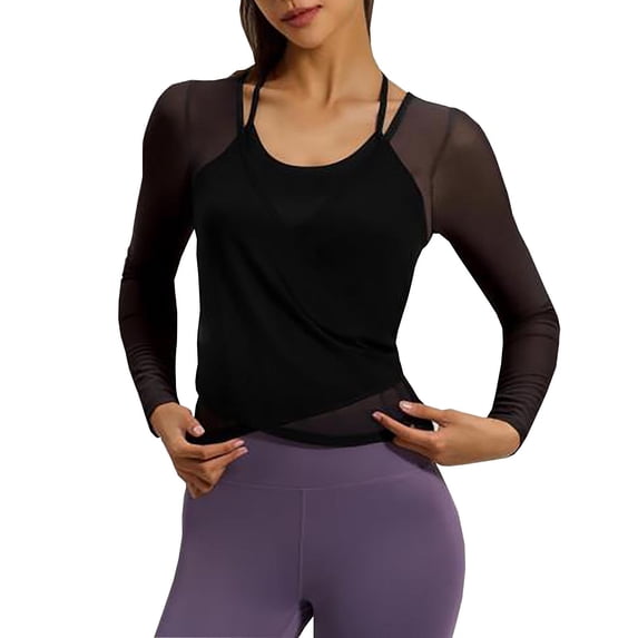 asdoklhq Women Workout Tops Women's Slim Long Sleeved Mesh Fixed Cup Sports Fitness Yoga Suit Top Black XL