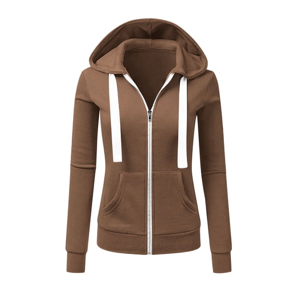 asdoklhq Women Workout Tops Women's Solid Color Long Sleeve Casual Zipper Tops Blouse with Pocket Sweatshirt Jackets Coffee 2X