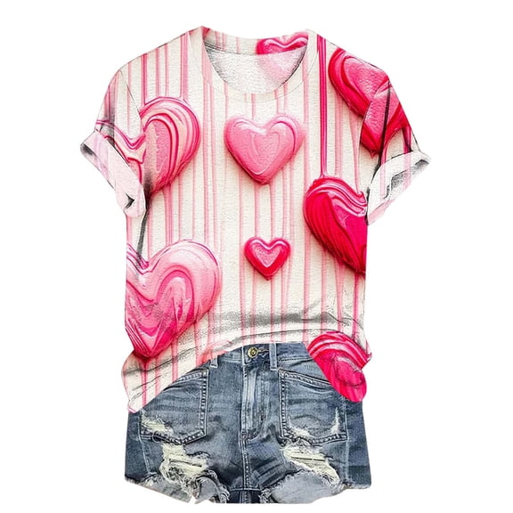 asdoklhq Women's Casual Valentine's Day T-Shirts Women Valentine's Day Flower Printed Casual Printed Round Neck Multicolor 2X