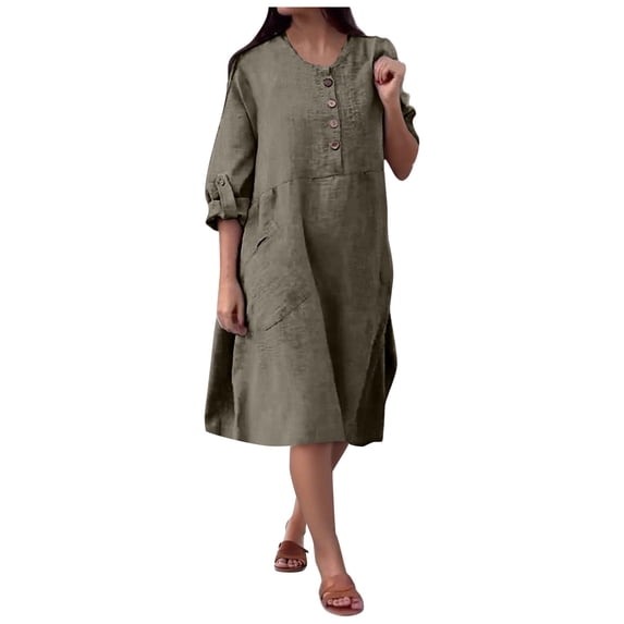 asdoklhq Women's Dresses Ladies' Loose Casual Solid Color Linen Double-sided Pocket Button Long Sleeved Dress Army Green 2X