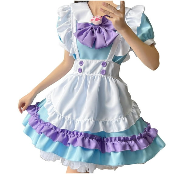 asdoklhq Women's Dresses Women's Fashion Solid Casual Long Sleeve Round-Neck Beer Festival Maid Dress Blue 3X