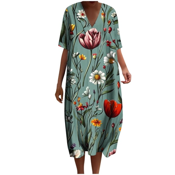 asdoklhq Women's Dresses Womens Summer Pockets Printing Dresses Loose V-Neck Short Sleeve Dresses Army Green L