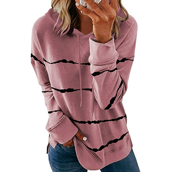 asdoklhq Women's Fashion Casual Stripe Print Hooded Long Sleeve Loose T Shirt Tops