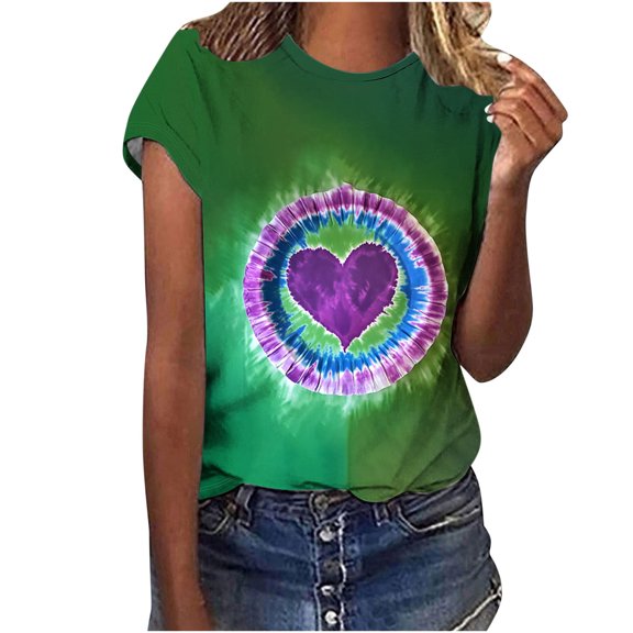 asdoklhq Women's Heart Print Valentine's Day Tees Women Valentine's Day Printed Casual Printed Round Neck Pink 3X