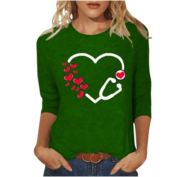 asdoklhq Women's Heart Print Valentine's Day Tees Women's Fashion Valentine's Day Printed T-shirt 3/4 Sleeves Blouse Round Neck Casual Green M
