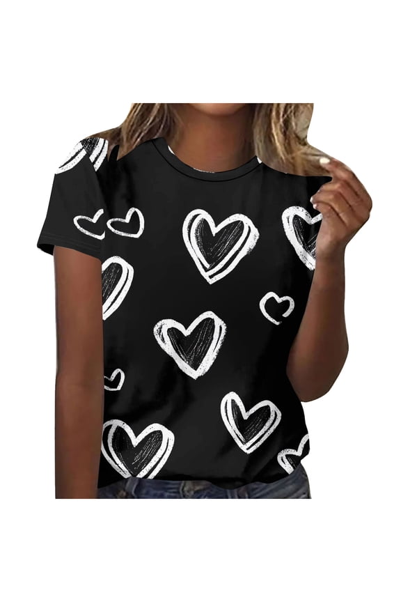 Women's Heart Print Valentine's Day Tees Women's Fashionable Loose Casual Loose Leisurely Printed Round Neck Short Sleeved T-shirt Top Black 2X