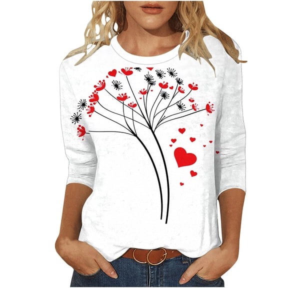 asdoklhq Women's Heart Print Valentine's Day Tees Women's Heartfelt Print Loose Casual Round Neck Three-Quarter Sleeve T-Shirt Pullover White 3X
