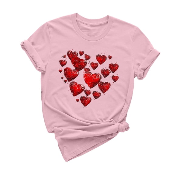 asdoklhq Women's Lace Trim Valentine's Day T-Shirts Women's Casual Round Neck Short-sleeved Christmas Tree Printed T-shirt Multicolor L