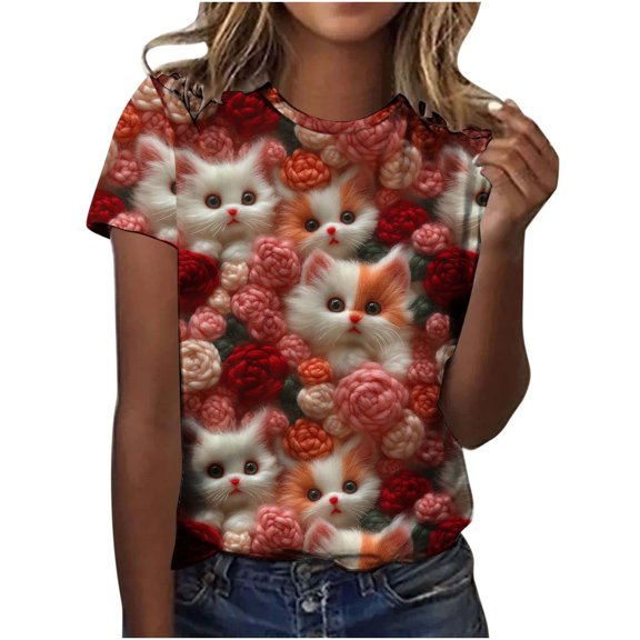 asdoklhq Women's Lace Trim Valentine's Day T-Shirts Women's Round Neck Print Casual Print Short Sleeved Top Short Sleeved Round Neck Top/shirt Multicolor 4X
