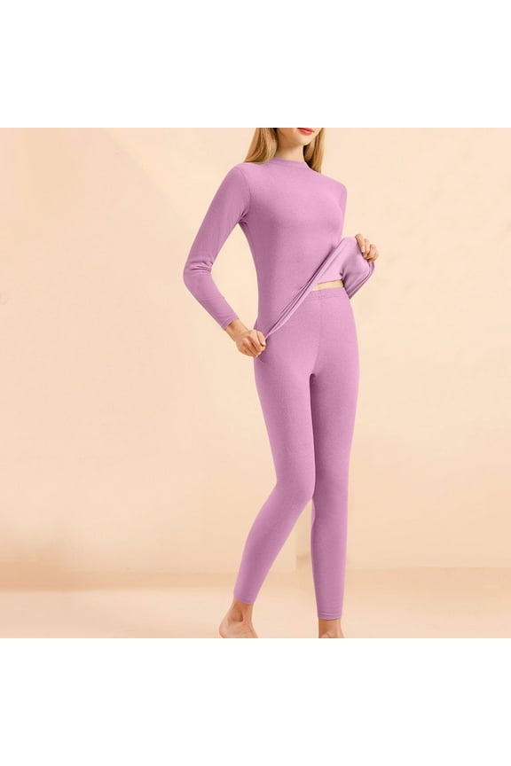 Women's Long Underwear Set Women's Silk Winter Round Neck Gelatin Style Warm and Thick Velvet Home Clothes Purple M