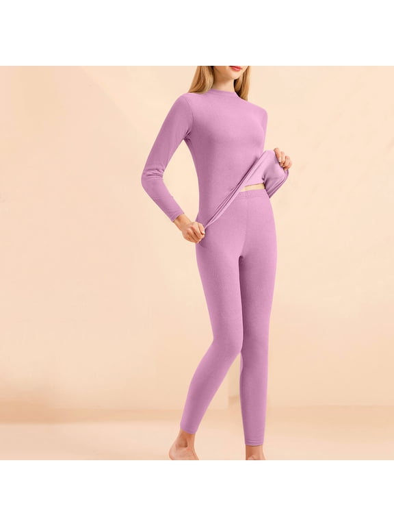Women's Long Underwear Set Women's Silk Winter Round Neck Gelatin Style Warm and Thick Velvet Home Clothes Purple XL