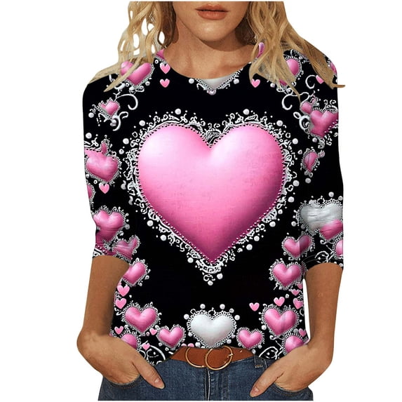 asdoklhq Women's Oversized Valentine's Day T-Shirts Women's Fashion Heart Printed T-shirt 3/4 Sleeves Blouse Round Neck Casual Loose Top Pink L