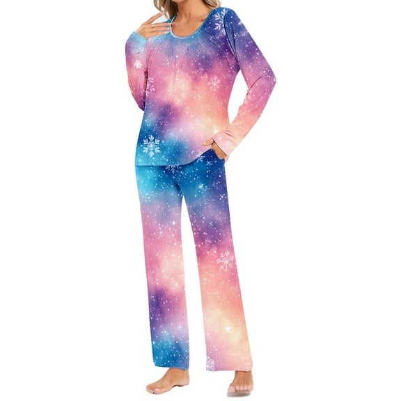 asdoklhq Women's Pajamas Ladies' Christmas Printed Round Neck Pocket Top Pants Home Clothes Pajamas Set Multicolor S