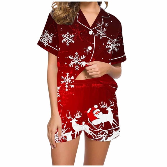 asdoklhq Women's Pajamas Women Christmas Printed Stand Up Collar Pocket Short Sleeved Top Shorts Home Wear Pajama Set Red XL