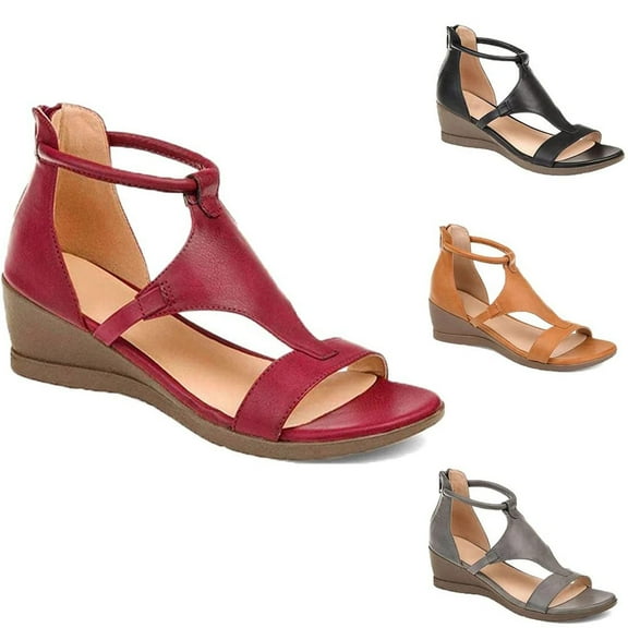 asdoklhq Women's Sandals Shoes,Summer New Plus Size Women's Zipper Round-Toe Wedge Sandals