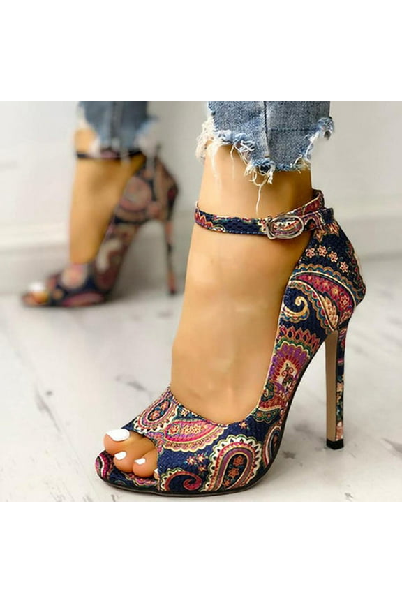 Women's Sandals Shoes,Women's Sandals On Clearance,Women's Vintage Ethnic Printed Fish Mouth Open Toe Belt Buckle High Heel Sandals