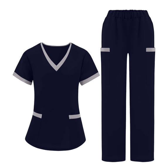 asdoklhq Women's Scrub Set Breathable Stretchy Pants Women's Color-blocked Short-sleeved V-neck Pocket Trousers Loose-fitting Caregiver Uniform Set Navy XL