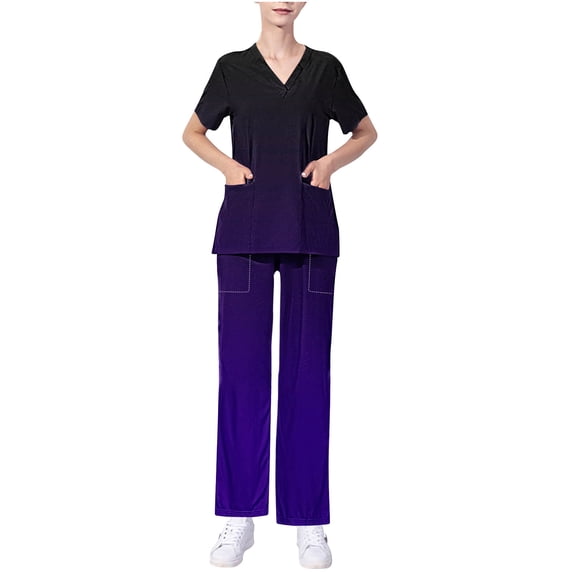 asdoklhq Women's Scrubs Women's Short Sleeved Solid Color Pocket Protective Suit Set Short Sleeved V-neck Top/shirt Set Purple M