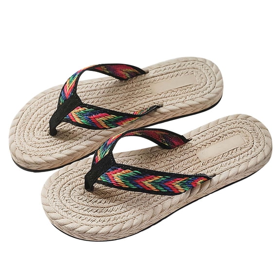asdoklhq Women's Slippers,Summer Women Seaside Imitation Straw Flip Flops Flat Beach Flip Flops