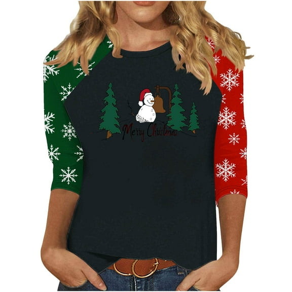 asdoklhq Women's Sweaters Women's 3/4 Sleeve Crew Neck Pullover Christmas Print Top Black 3X