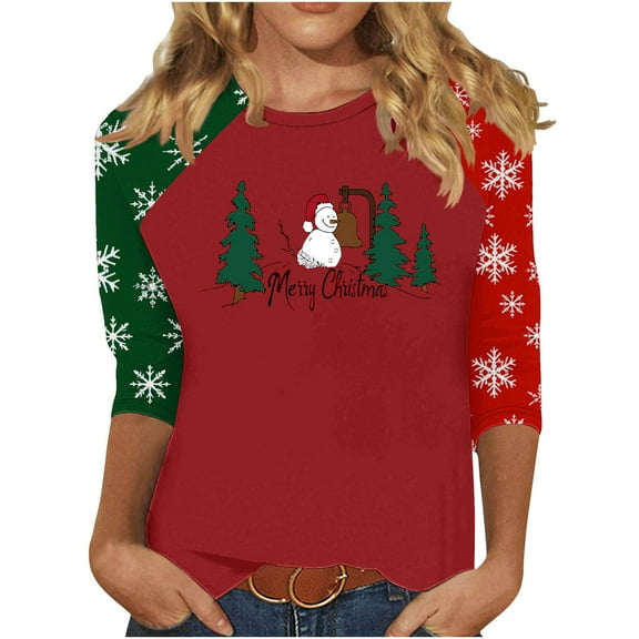 asdoklhq Women's Sweaters Women's 3/4 Sleeve Crew Neck Pullover Christmas Print Top Red 3X