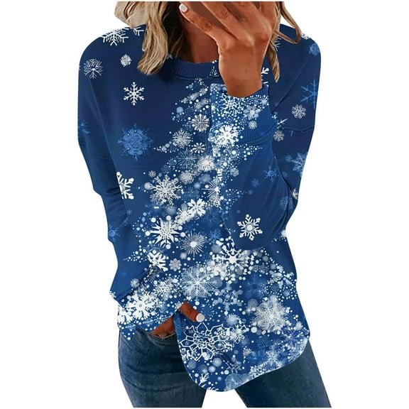 asdoklhq Women's Sweaters Womens' Christmas Printed Long Sleeved Round Neck Top/shirt Blue L