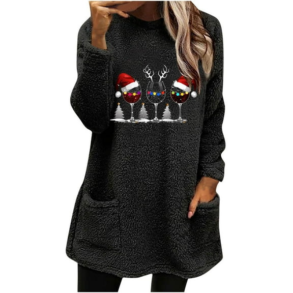 asdoklhq Women's Sweatshirts Women's Round Neck Long Sleeved Pocket Printed and Winter Thick Warm Plush Top Black 3X