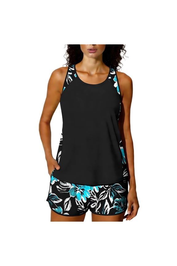 Women's Swimwear Tankini Swimsuits for Women Loose Fit Women Solid Color Backless Strap Bikini Swimsuit Bikini Color Blocking Off-Shoulder Set Sky Blue 2X