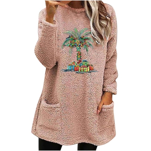 asdoklhq Women's Tops Women's Round- Neck and Winter Loose Solid Pocket Warm Long Sleeve Blouse Pink S